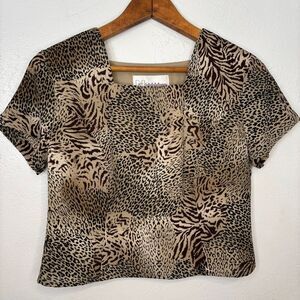 Vintage Nygard Collection Petite 4 Cheetah Leopard‎ Crop Top Blouse Work Women's